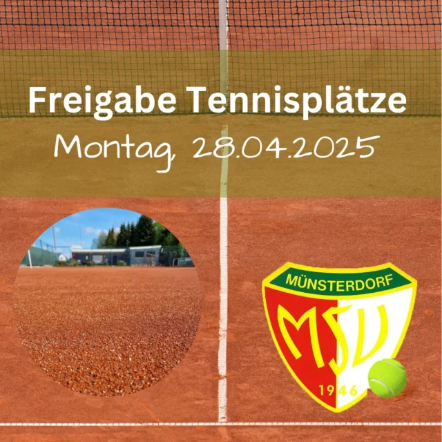 Der Countdown ist vorbei – wir sind zurück auf dem Platz!
Ab Montag, 28.04.2025 sind unsere Tennisplätze endlich wieder geöffnet!

Die Netze hängen schon bald, der Sand ist bereit und wir freuen uns riesig auf die neue Saison!

Jetzt heißt es: Schläger raus & los geht’s!
Ob Training, Match oder einfach ein bisschen Spaß – wir sehen uns auf dem Platz!

Du bist noch kein Mitglied?
Kein Problem – meld dich bei uns zum kostenfreien "Schnuppern"!

Let’s play Tennis!

#Saisonstart #Tennisliebe #Münsterdorf #MSVtennis #Tennis2025 #Tennislife #Tennisfreunde #Sandplatzliebe #Vereinssport #SommerKannKommen #Aufschlag2025 #GameSetMatch #Tenniscommunity #TennisplätzeGeöffnet #NorddeutschlandTennis